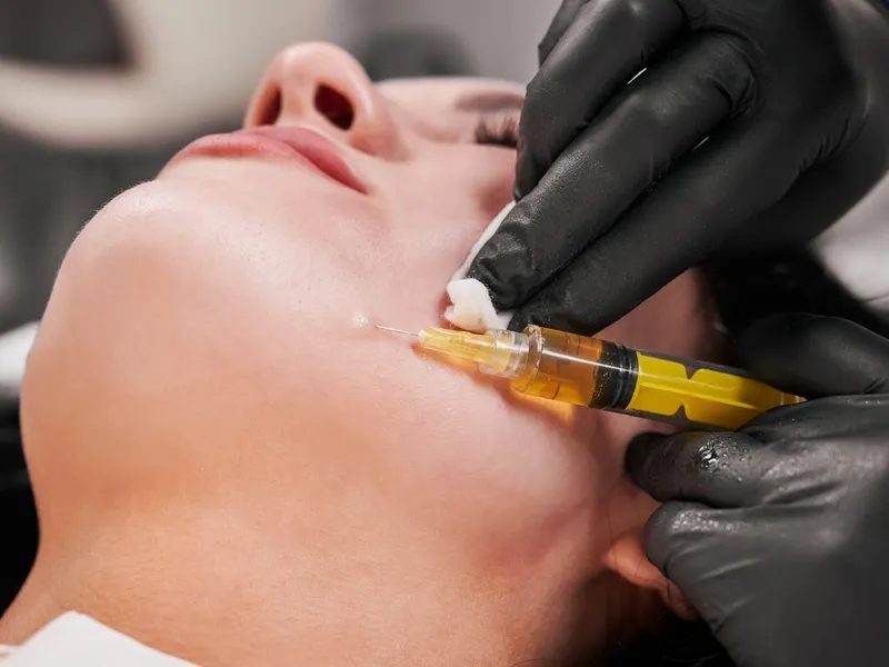 "Professional PRP injection facial treatment performed on woman's chin to improve skin elasticity at Aesthetics By The Bay